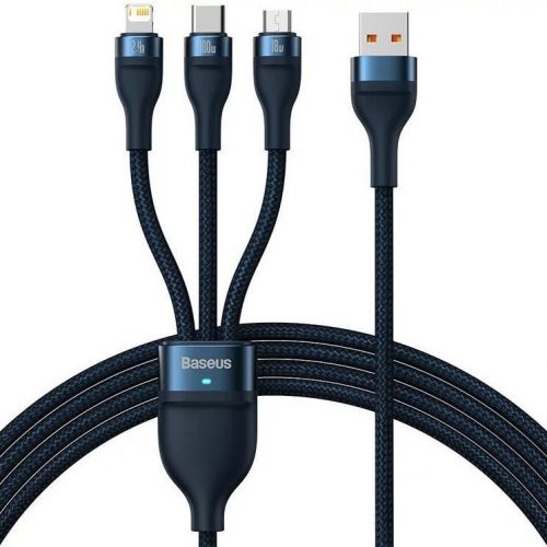 USB töltő- és adatkábel 3in1, USB Type-C, Lightning, microUSB, 120 cm, 3500 mAh, 100 W, törésgátlóval, gyorstöltés, cipőfűző minta, Baseus Flash Series 2, CASS030003, sötétkék