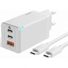 Hálózati töltő adapter, 65W, USB aljzat, 2 x USB Type-C aljzat, USB Type-C - USB Type-C kábellel, gyorstöltés, PD 3.0, QC 3.0, GaN5, Baseus GaN5 Pro, fehér