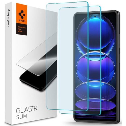 Xiaomi Redmi Note 12 Pro 5G / 12 Pro Plus 5G / Poco X5 Pro 5G, Kijelzővédő fólia, (az íves részre NEM hajlik rá!), Tempered Glass (edzett üveg), Spigen Glastr Slim, Clear, 2 db / csomag