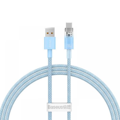 USB töltő- és adatkábel, USB Type-C, 100 cm, 6000 mA, 100W, gyorstöltés, cipőfűző minta, Baseus Explorer, CATS010403, világoskék