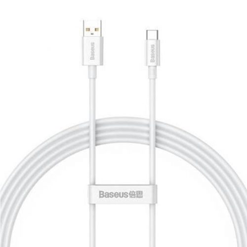 USB töltő- és adatkábel, USB Type-C, 150 cm, 6000mA, 100W, törésgátlóval, gyorstöltés, PD, QC, Baseus Superior, P10320102214-02, fehér