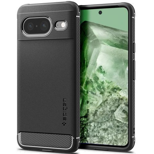 Google Pixel 8, Szilikon tok, Spigen Rugged Armor, karbon minta, fekete