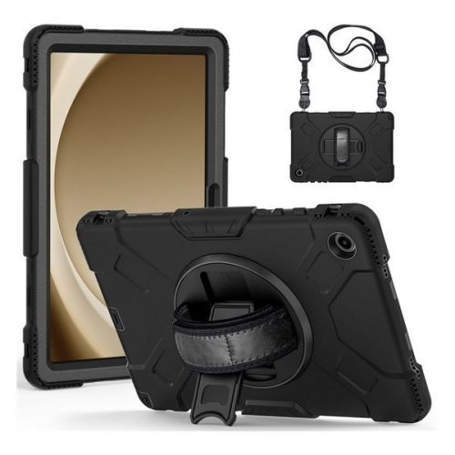 Samsung Galaxy Tab A9 Plus (11.0) SM-X210 / X215 / X216B, Műanyag hátlap védőtok, szilikon belső, kitámasztóval, kézpánt, vállpánt, Defender, fekete