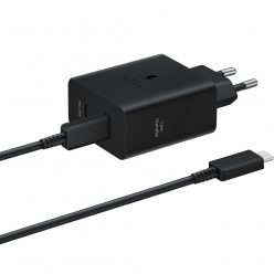   Hálózati töltő adapter, 50W, 2 x USB Type-C aljzat, USB Type-C - USB Type-C kábellel, PD, PDO, PPS, gyorstöltés, Samsung, fekete, gyári