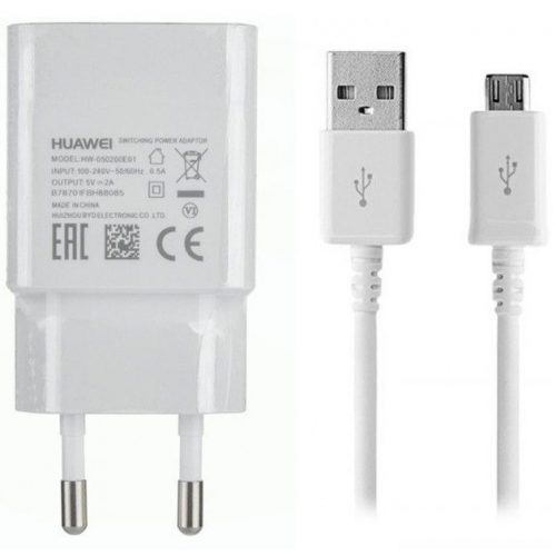 Hálózati töltő adapter, 5V / 1000 mAh, USB aljzat, microUSB kábellel, Huawei, fehér, gyári