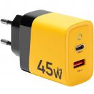 Hálózati töltő adapter, 45W, USB aljzat, USB Type-C aljzat, gyorstöltés, PD 3.0, QC 3.0, PPS, AFC, GaN, Tactical Microgrid GaN, sárga