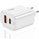 Hálózati töltő adapter, 45W, USB aljzat, USB Type-C aljzat, gyorstöltés, PD, QC, GaN, fehér