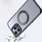 Apple iPhone 16 Pro Max, Műanyag hátlap védőtok + szilikon keret, kitámasztóval, ujjtámasz, Magsafe töltővel kompatibilis, Magring Magsafe, áttetsző/fekete