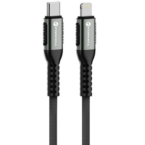 USB Type-C töltő- és adatkábel, Lightning, 120 cm, 3000mA, 27W, törésgátlóval, gyorstöltés, PD, cipőfűző minta, Forcell F-Energy C259, fekete