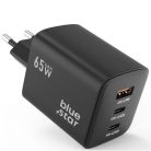 Hálózati töltő adapter, 65W, USB aljzat, 2 x USB Type-C aljzat, gyorstöltés, PD, QC 4.0, GaN, Blue Star VT-43, fekete