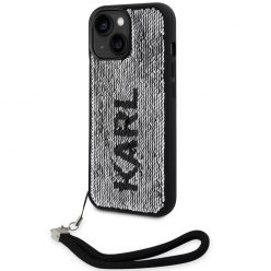   Apple iPhone 13, Műanyag hátlap védőtok + szilikon keret, színváltós hátlap, kézpánttal, Karl minta, Karl Lagerfeld Sequins Reversible, ezüst/fekete