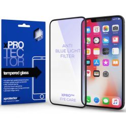   Apple iPhone 15 / 16, Kijelzővédő, ütésálló fólia (az íves részre is!), Tempered Glass (edzett üveg), kékfény elleni védelem. Xprotector Anti Blue Light, fekete